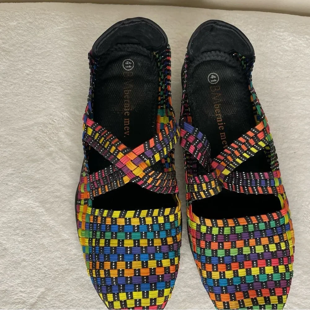 Bernie Mev Margo Shoes Rainbow Woven Slip On Criss Cross Flats Multicolor 41